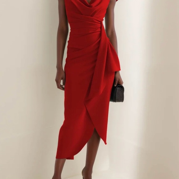 Red Asymmetrical Ruched Sheath Dress - Picture 1 of 3